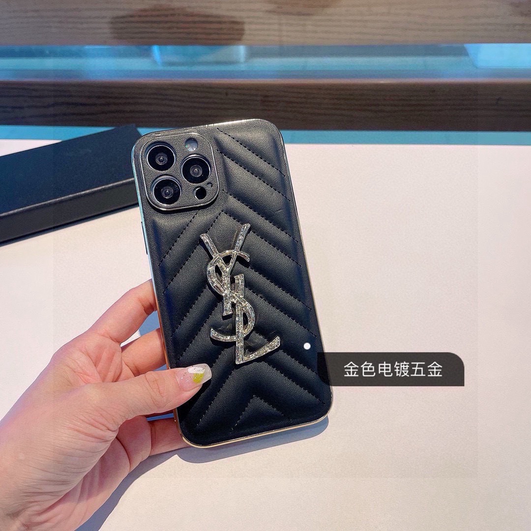 YSL V-Shaped Quilted Leather Diamond Metal Logo Electroplated Frame Luxury Phone Case