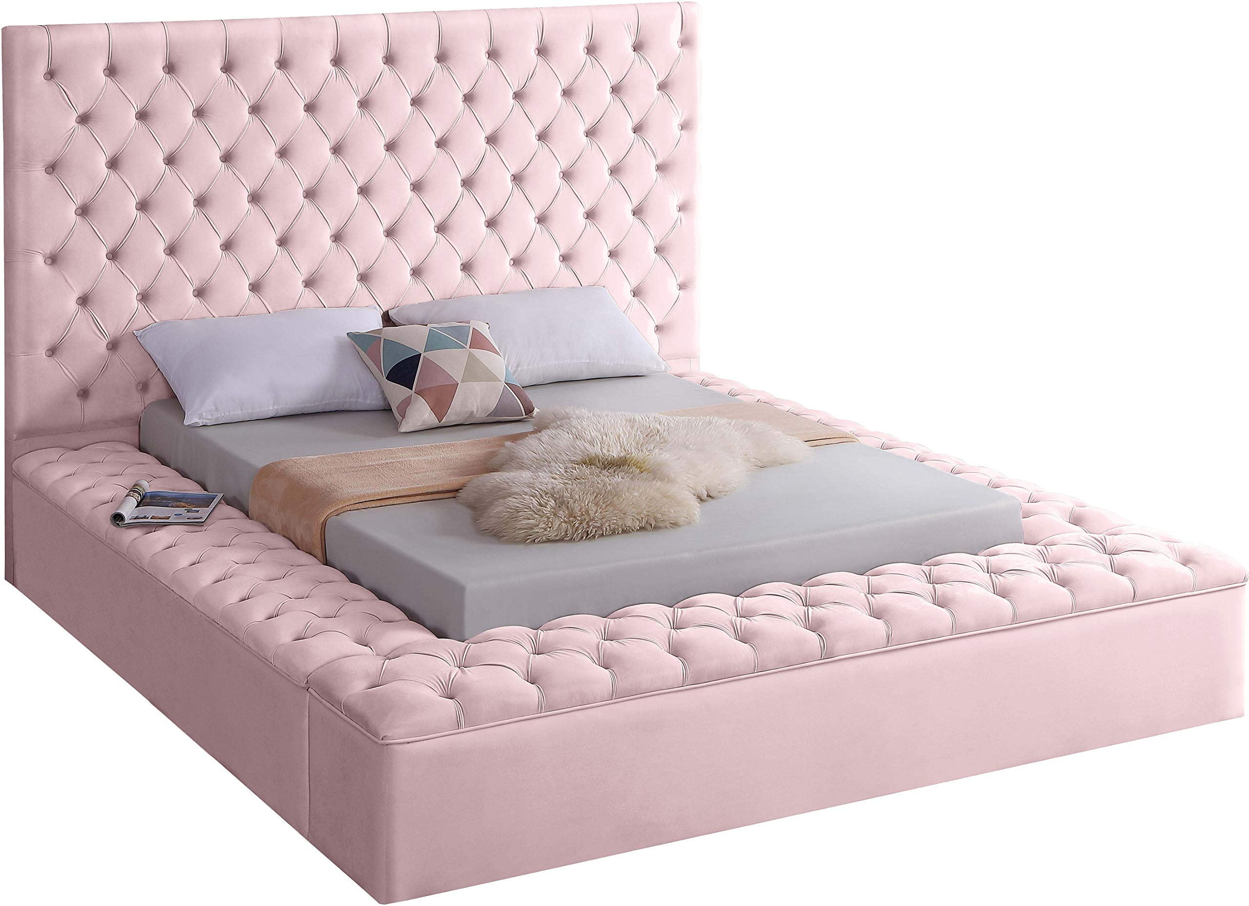 Velvet Upholstered Bed with Deep Button Tufting & Storage
