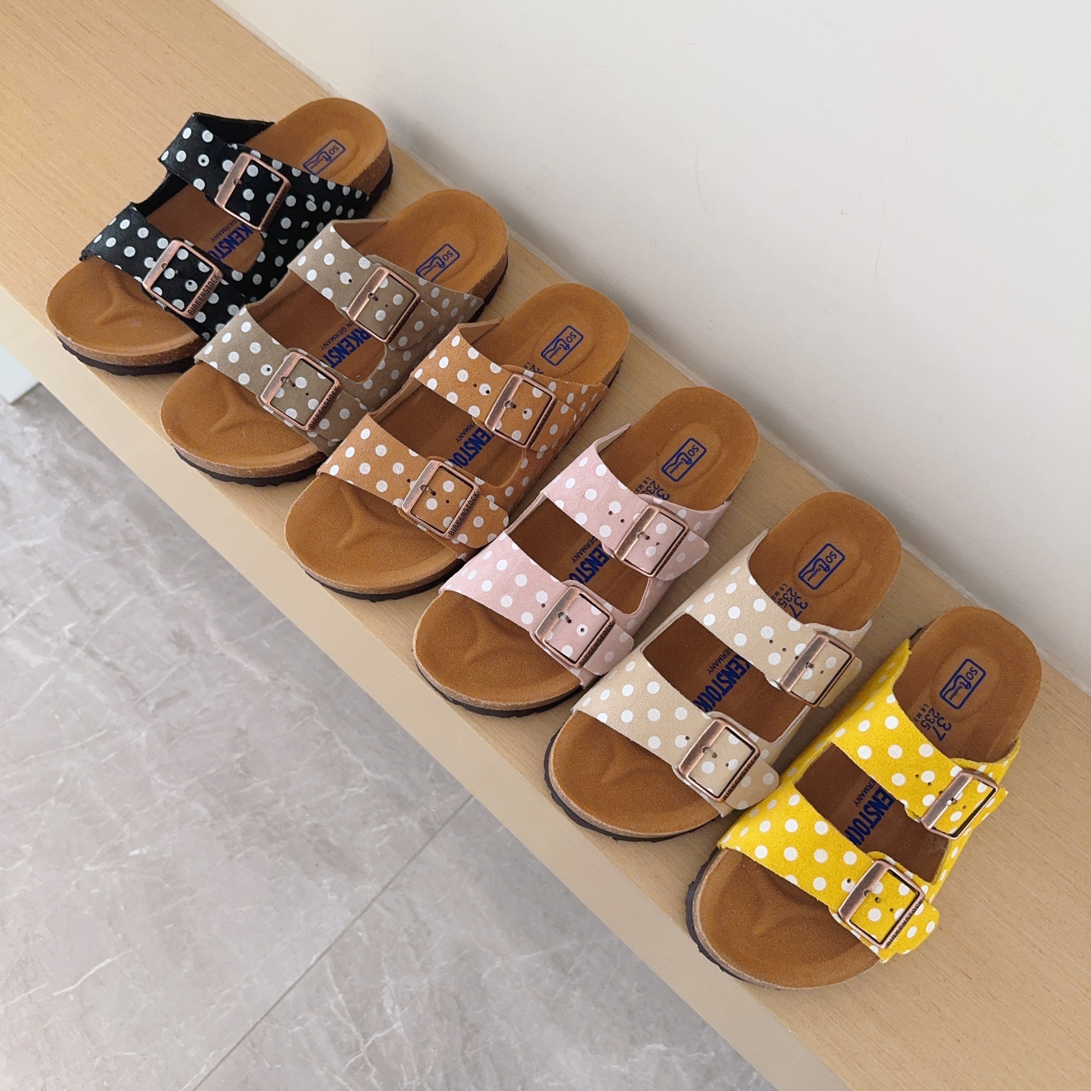 Polka Dot Birken-Style Two-Strap Sandals