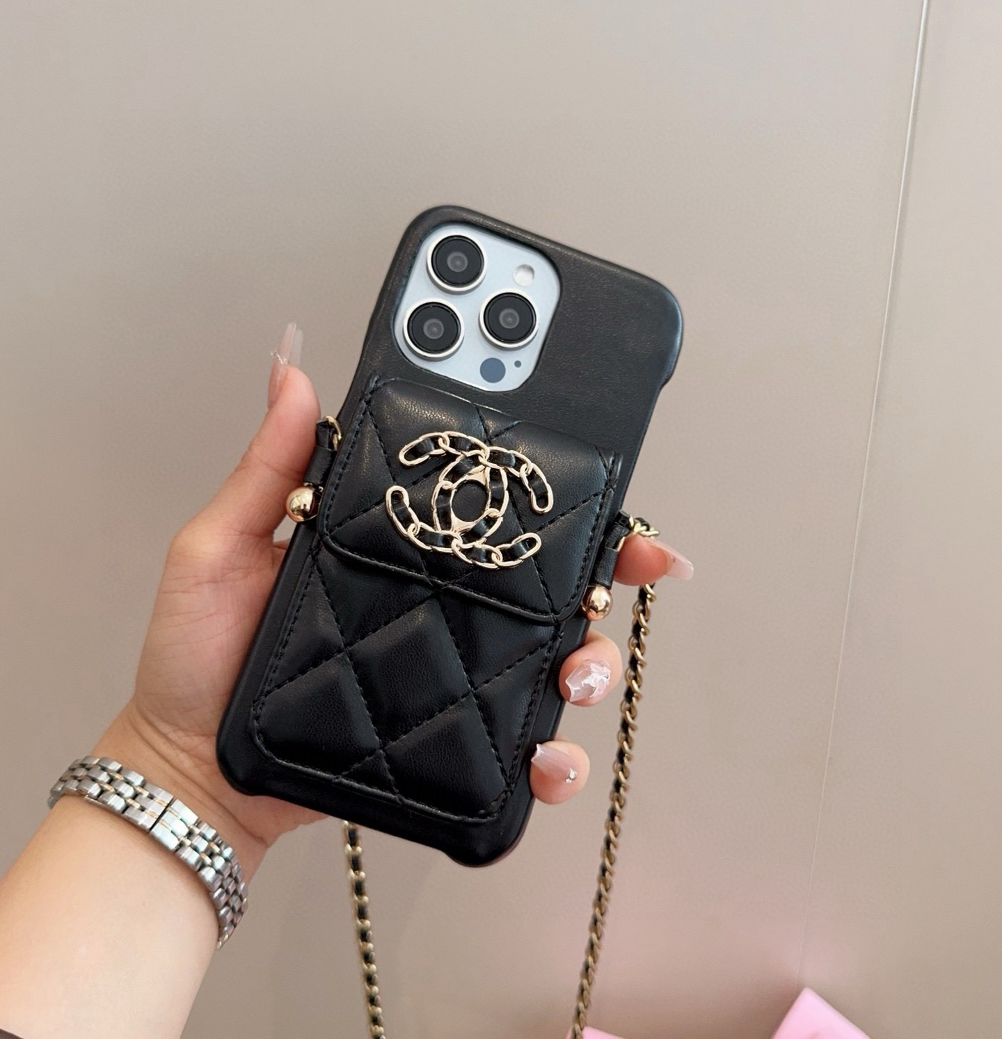 Chanel Style Quilted Leather Phone Case with Crossbody Chain & Card Pocket