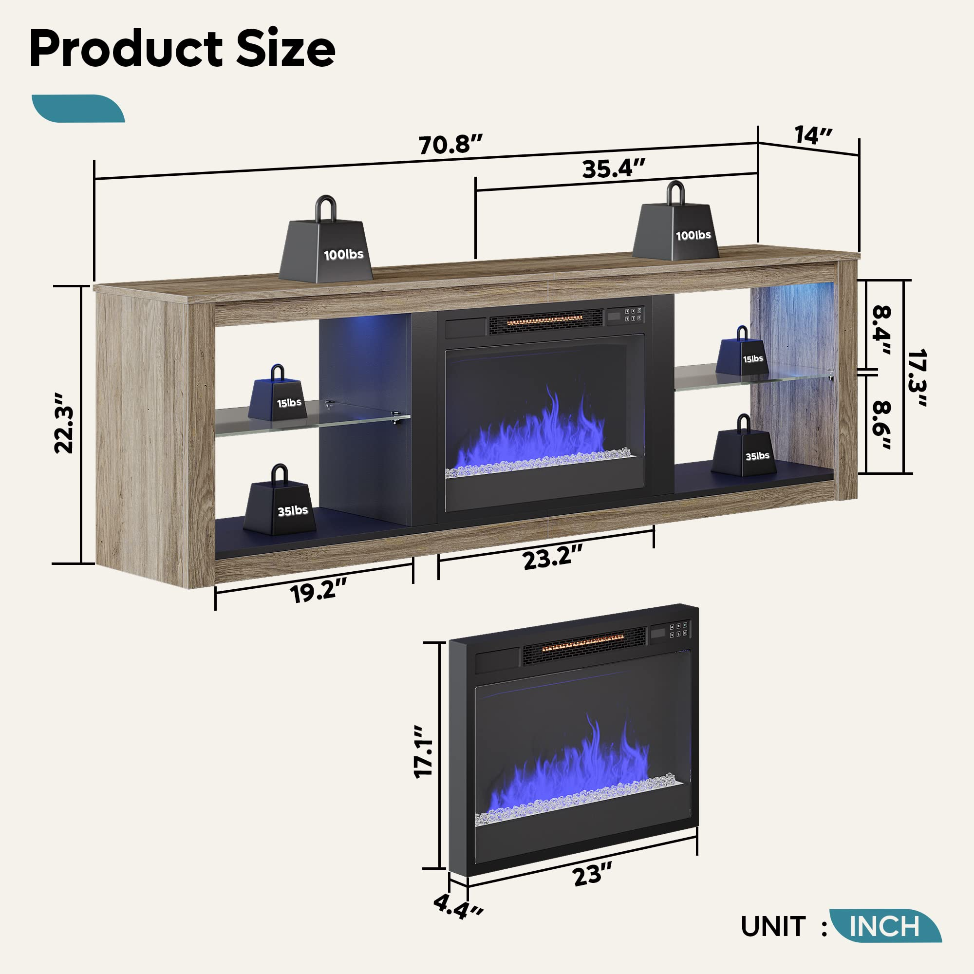 Fireplace TV Stand for 75 inch TV with 23 inch Electric Fireplace