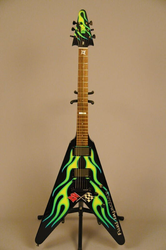 Metallic Hot sale Rod Flying V Green Flames Electric Guitar Star Inlay