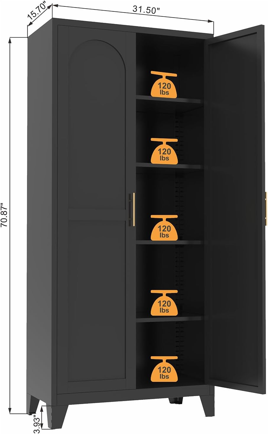 QIHAI 71'' Tall Kitchen Pantry Cabinet, Metal Storage Cabinet with 2 Doors and 4 Adjustable Shelves, Metal Pantry Cabinet with Lock for Dining Room, Living Room,Black