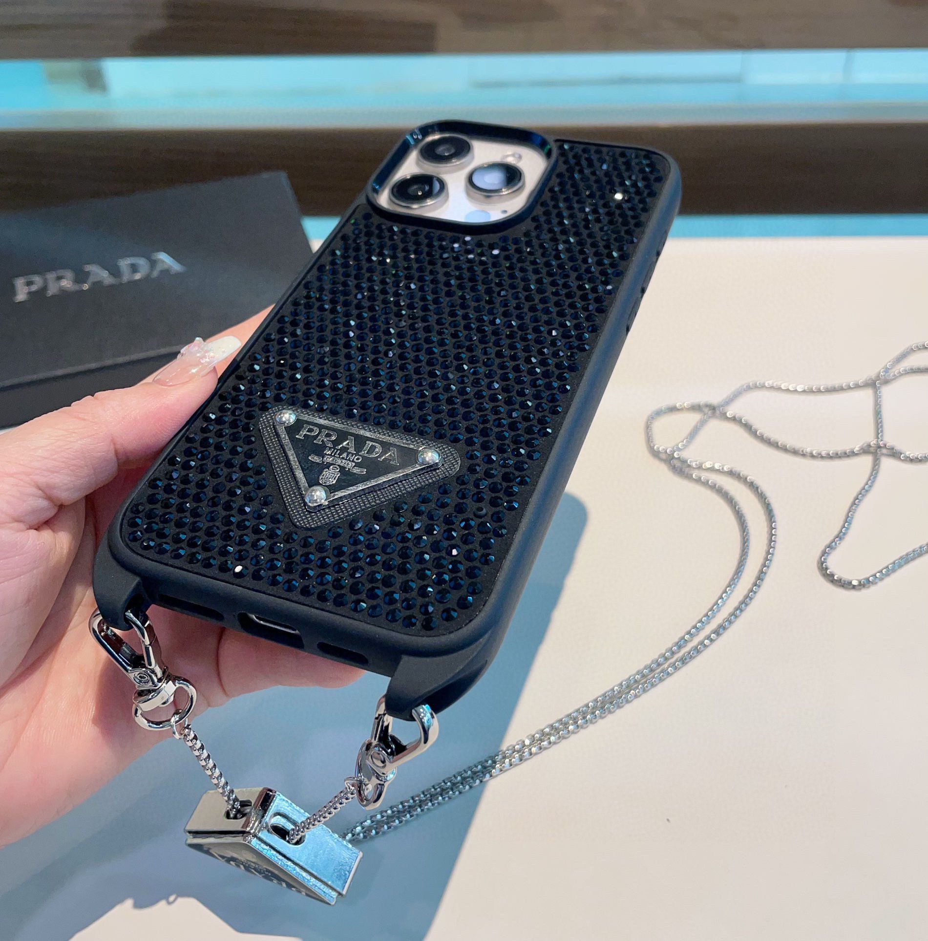 Prada Style Full Diamond Glitter Phone Case With Crossbody Chain Strap