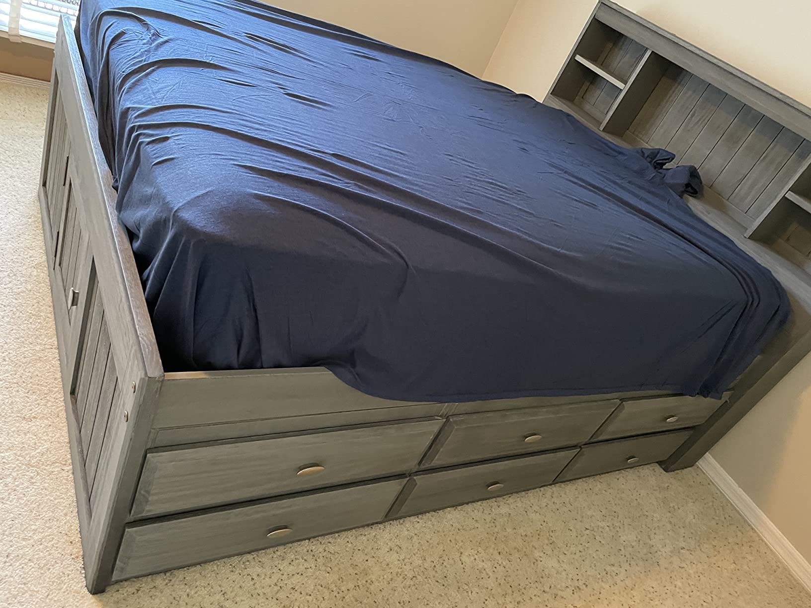 Charcoal Full Bookcase Bed with 12 Drawers