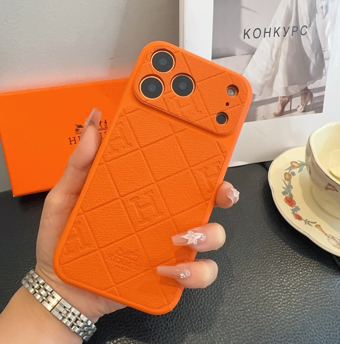 Hermès Style Embossed Leather Texture Full Cover Phone Case
