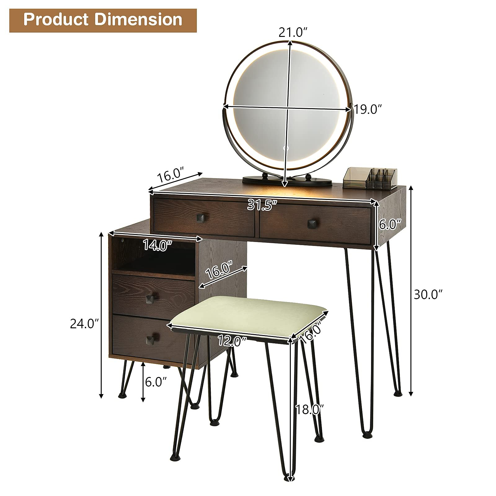 Vanity Set with 3 Colors Lighted Mirror