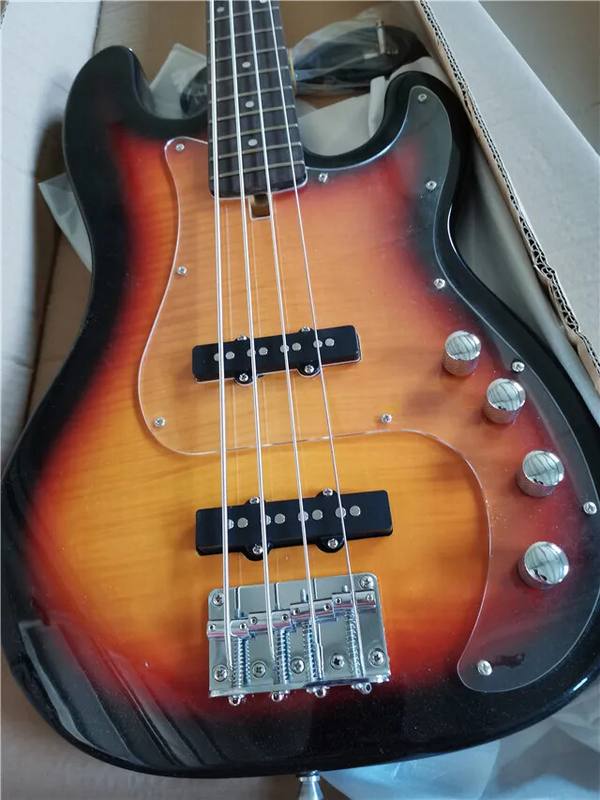 4 Strings Electric Bass Guitar with Flame Maple Veneer, Active Circuit