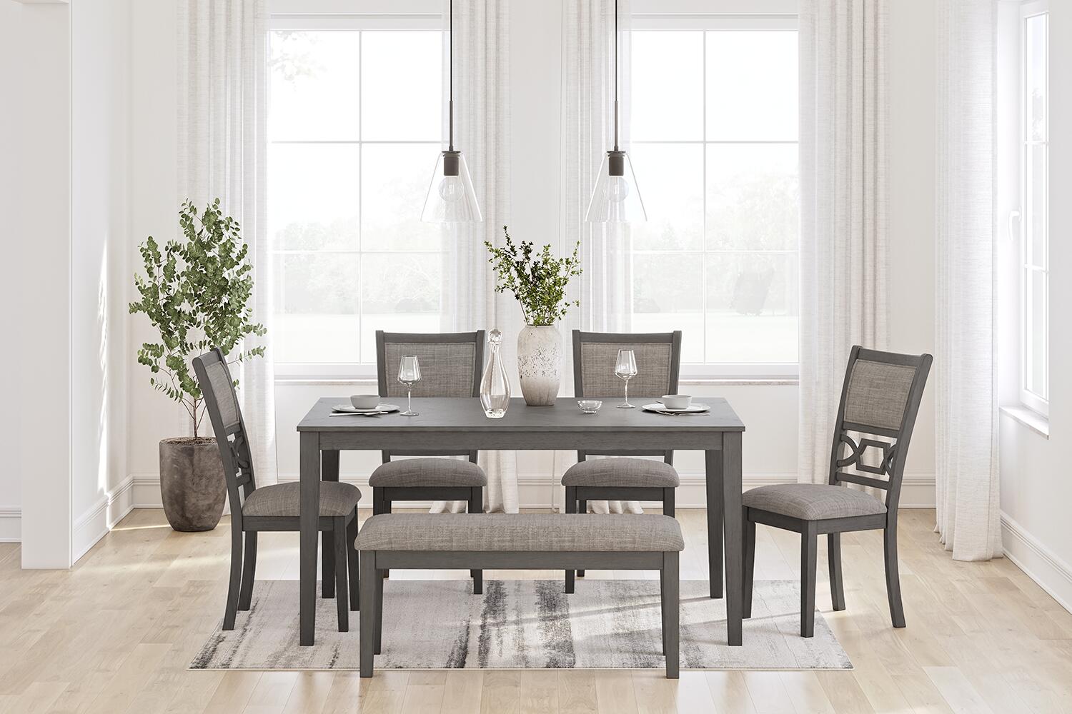 Wrenning / Langwest / Erinberg Dining Table, 4 Chairs and Bench (Set of 6)