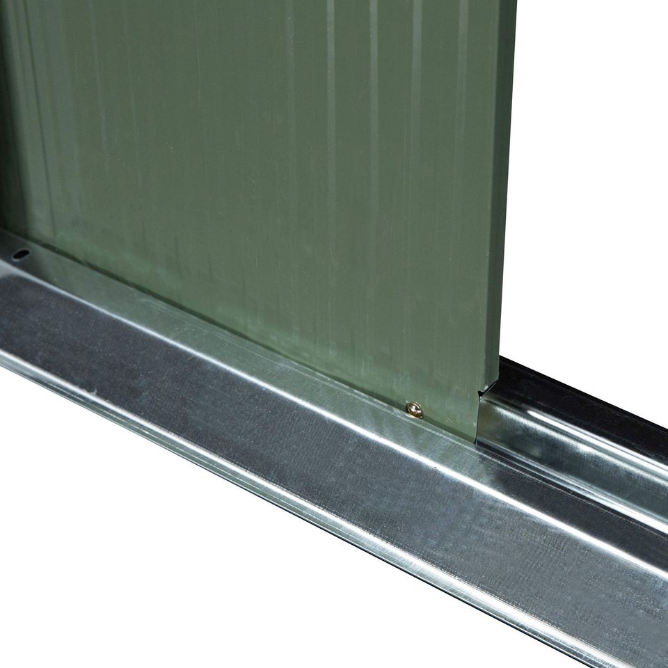 Corrugated metal storage shed outside equipment kit, light green