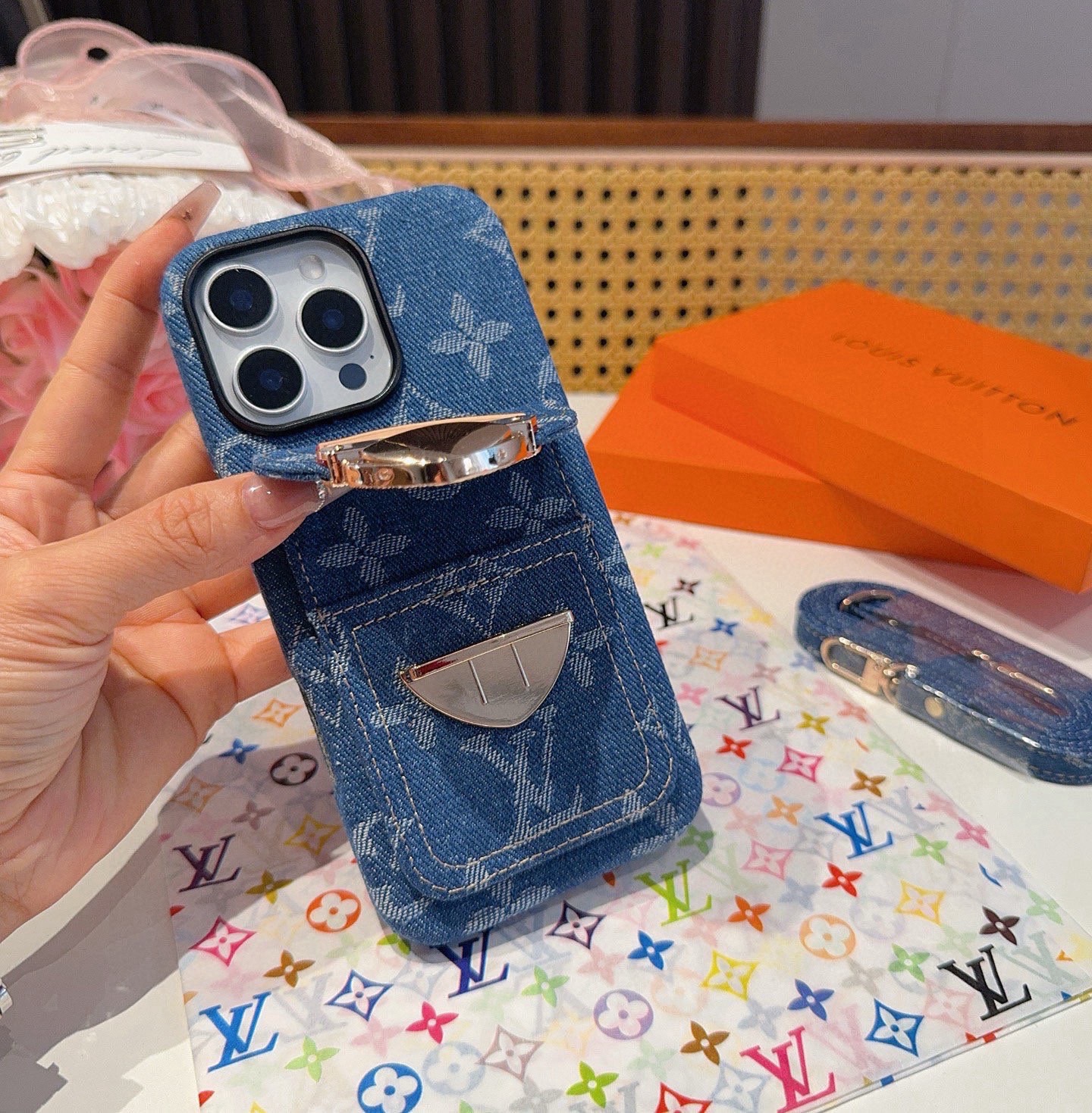 LV Denim Lock Card Holder Phone Case with Crossbody Strap
