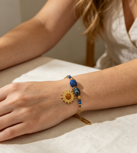 Natural Lapis Lazuli Sun Pendant Bracelet | Gold Plated Stackable Chain Bracelet