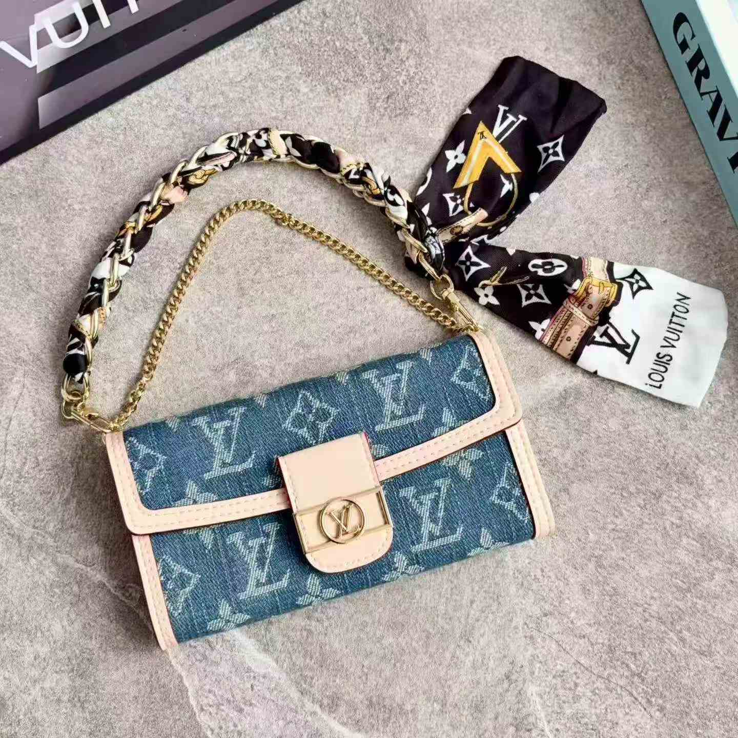 LV Monogram Baguette Shoulder Bag Mini Flap Handbag With Silk Scarf Chain Strap