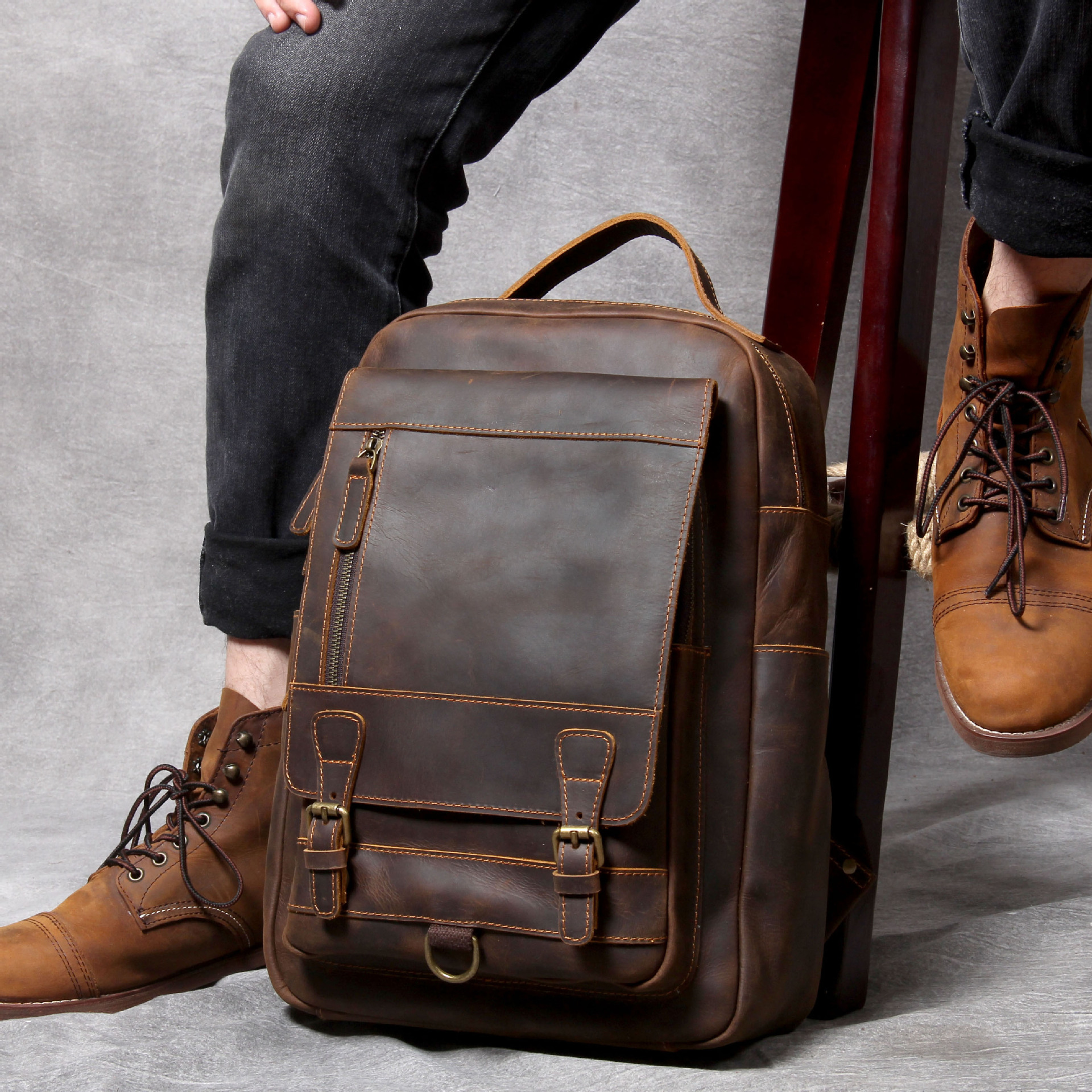 Vintage Full-Grain Leather Laptop Backpack - Organized Utility for the Modern Professional