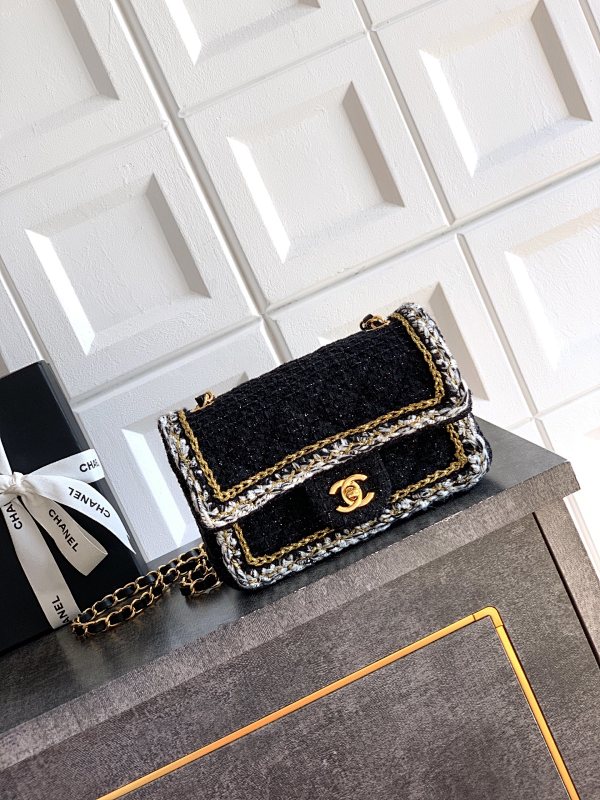Chanel Tweed Flap Bag Black Gold