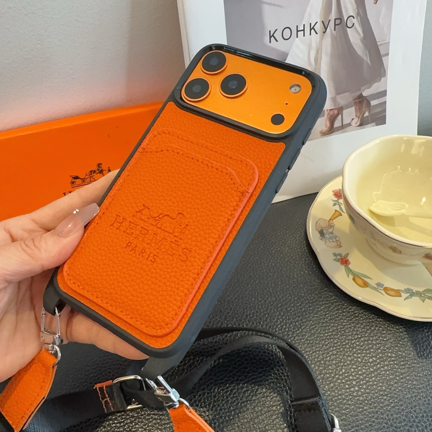 Hermès Paris Embossed Leather Card Pocket Crossbody Luxury Phone Case