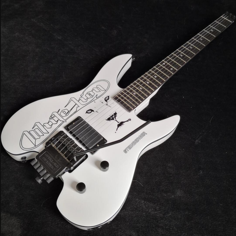 Hand Painted Lion White Headless Electric Guitar Vibrato Bridge&percussion Stick