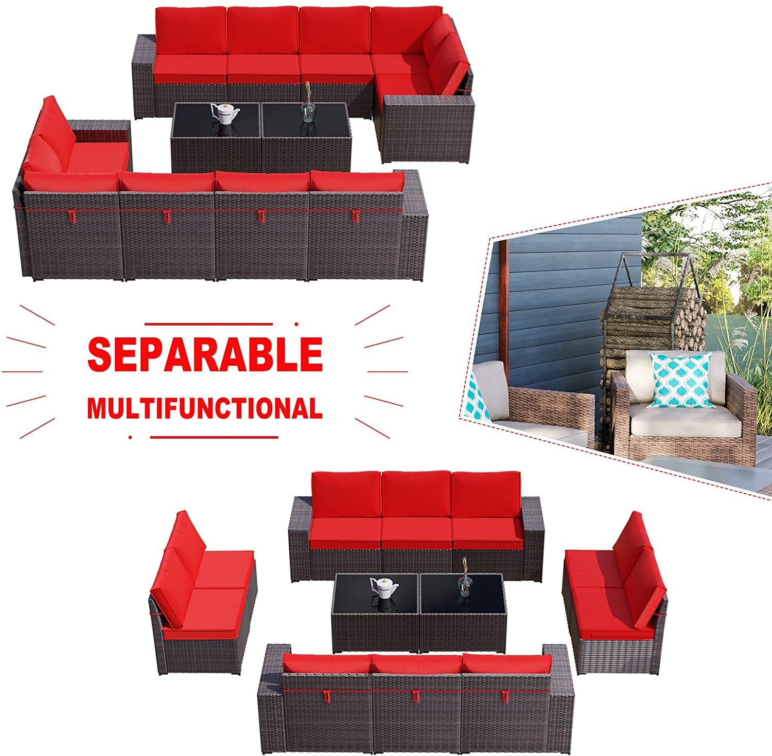 Sectional Rattan Sofa Set Brown PE Wicker Patio Conversation Set