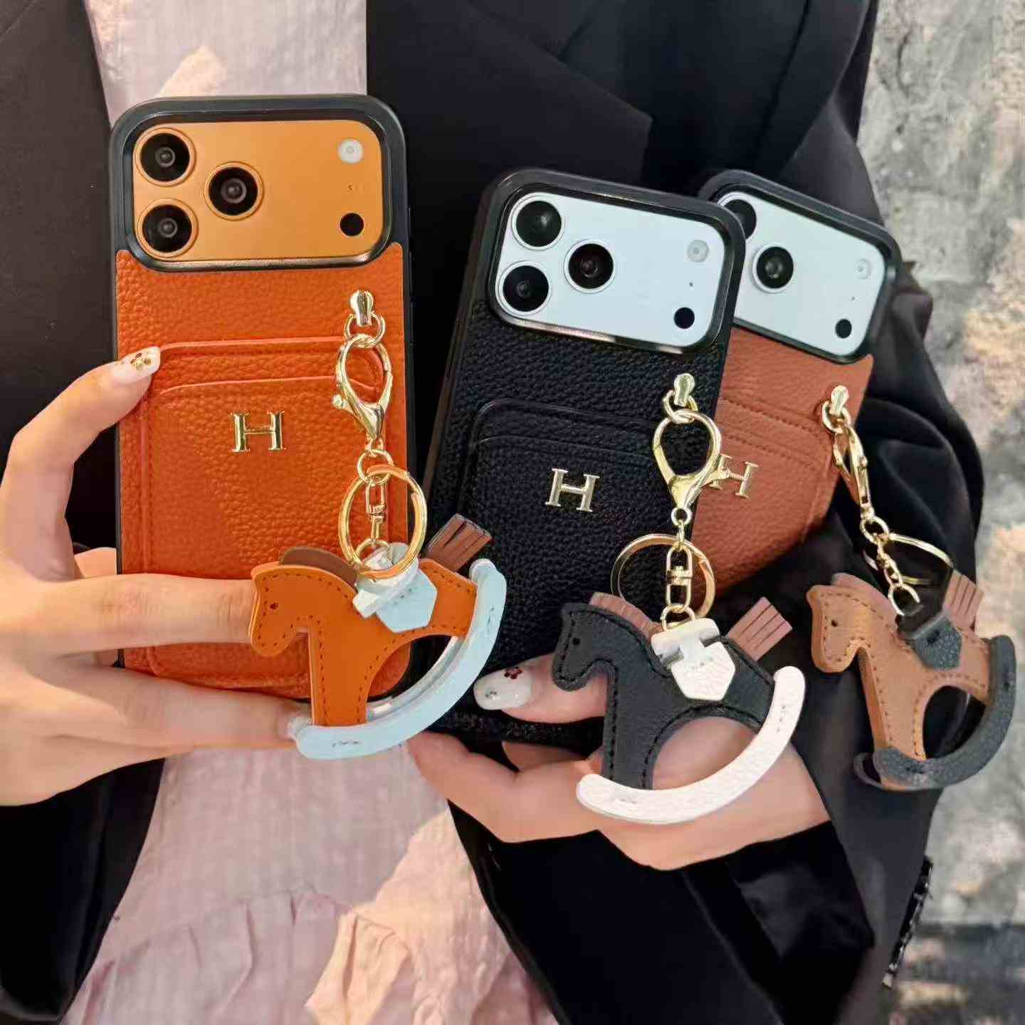 Grain Leather Card Pocket Foldable Phone Case With Cute Rocking Horse Pendant For Samsung Z Flip Series