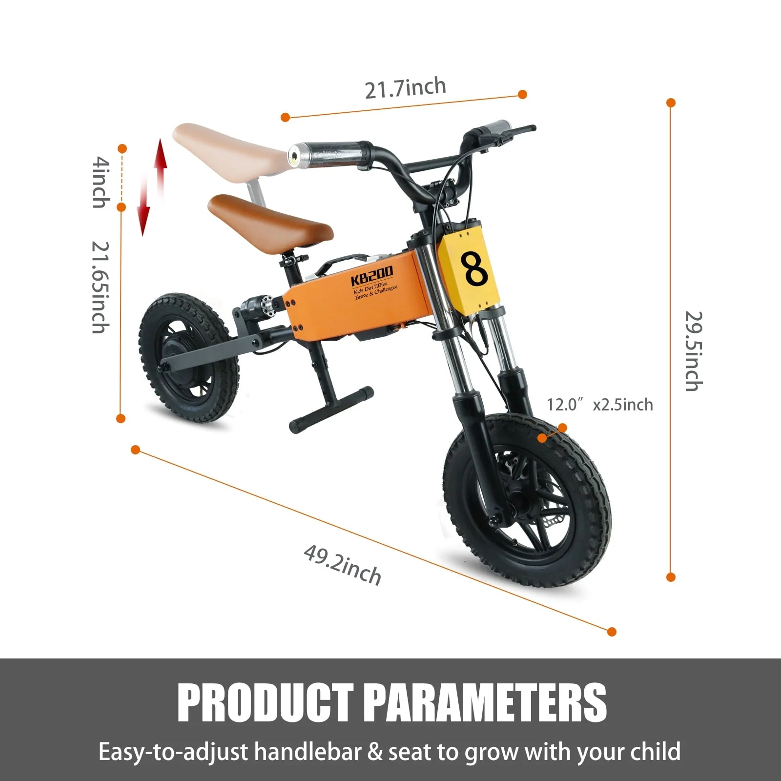 12in Kids Electric Balance Bike, 200W, 24V, Orange