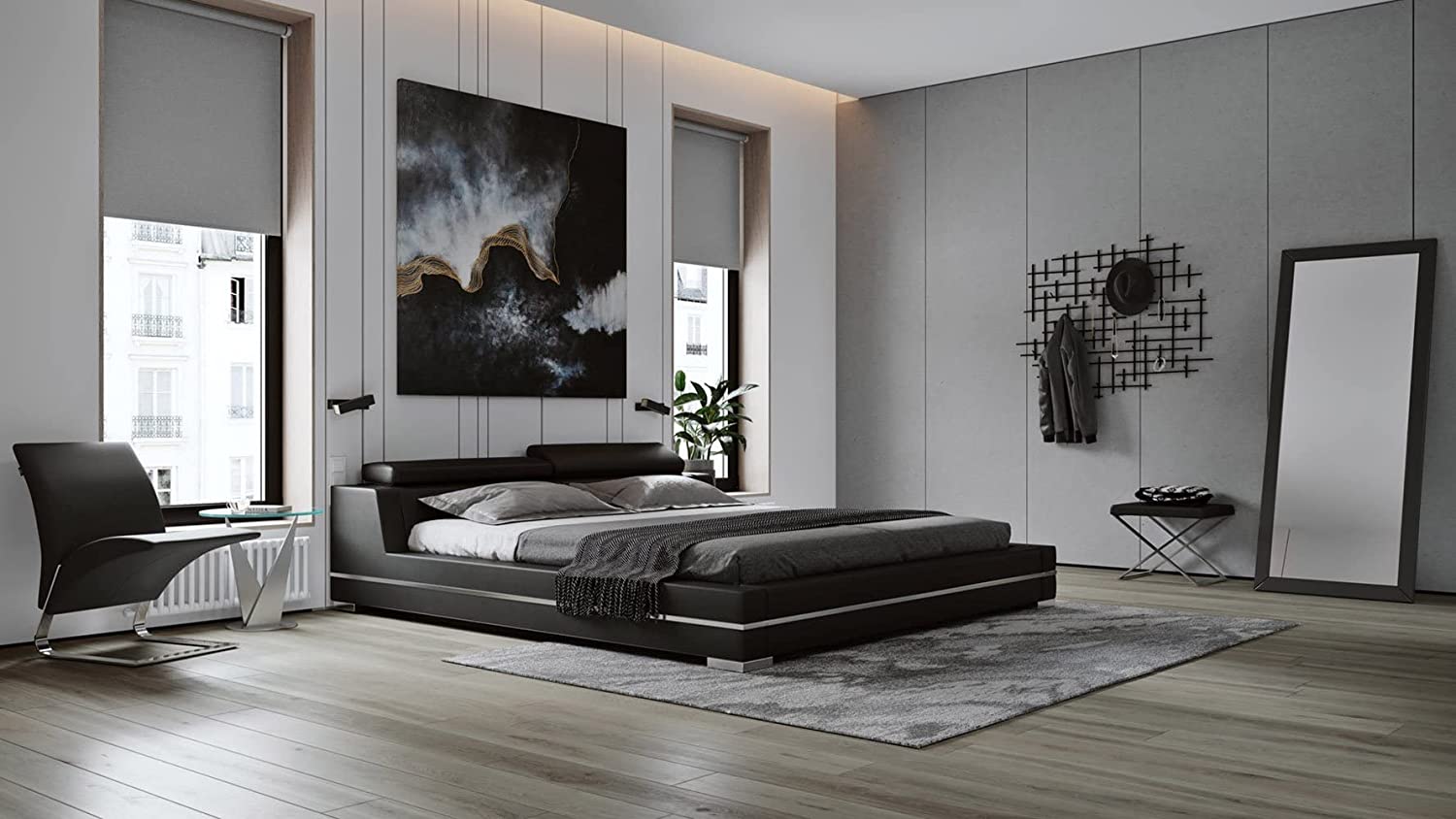 Hera Genuine White Leather Platform Bed with Adjustable Headrests