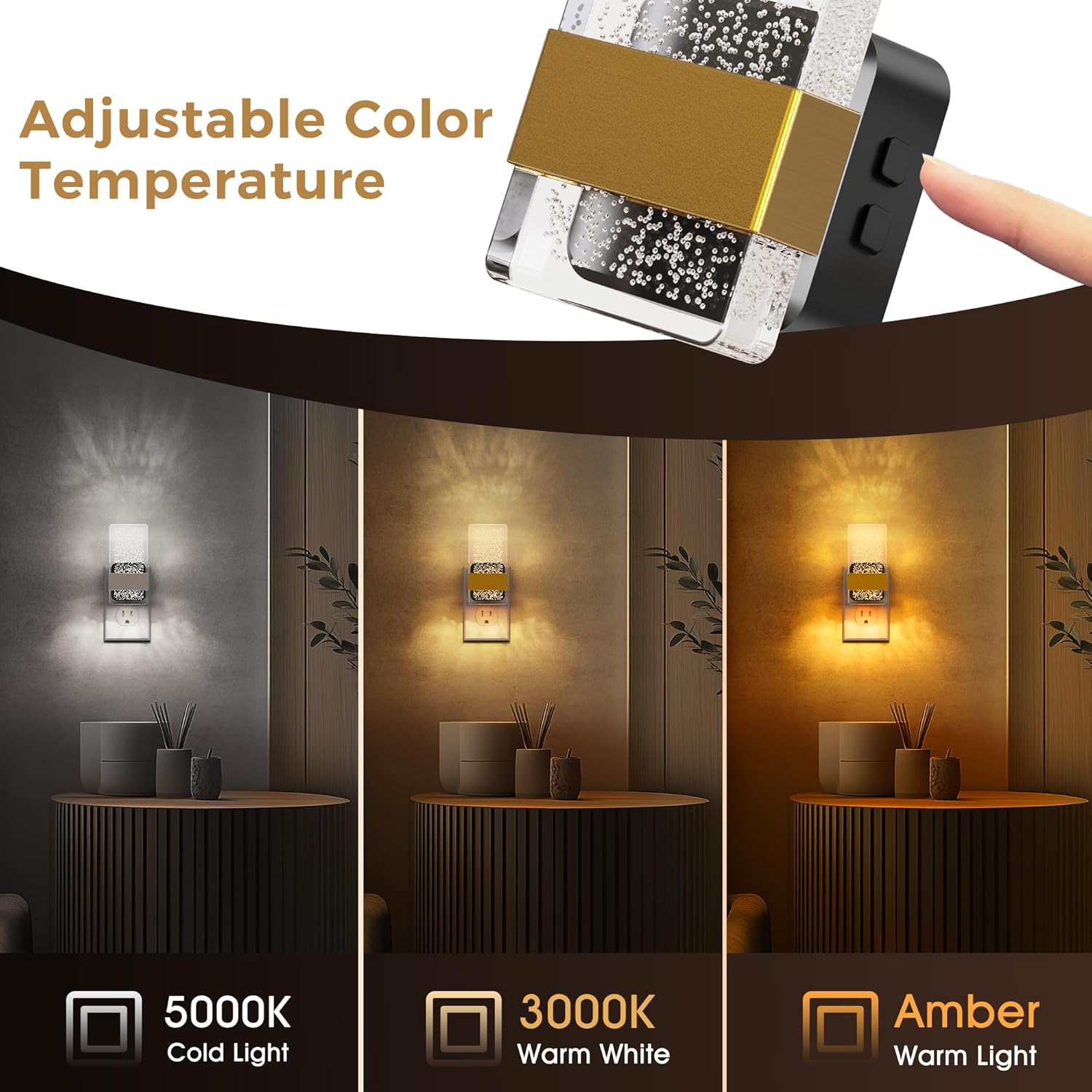 2 Pack 3CCT Night Lights Plug Into Wall, 2000K/3000K/5000K Adjustable Color Temperature Nightlight