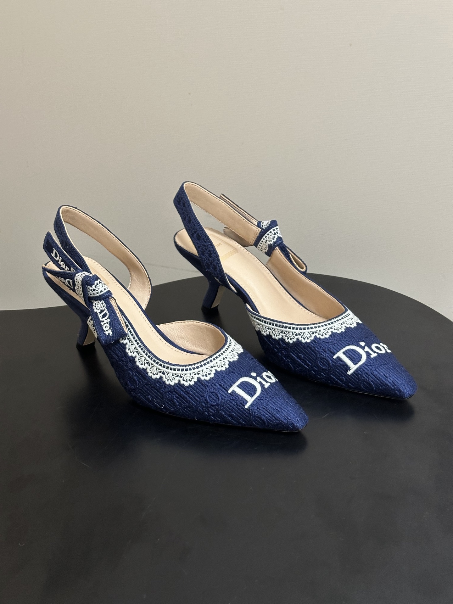 Dior Jolie Slingback Pump Cannage Jacquard Lace Border Bow Pointed Toe Kitten Heel Shoes