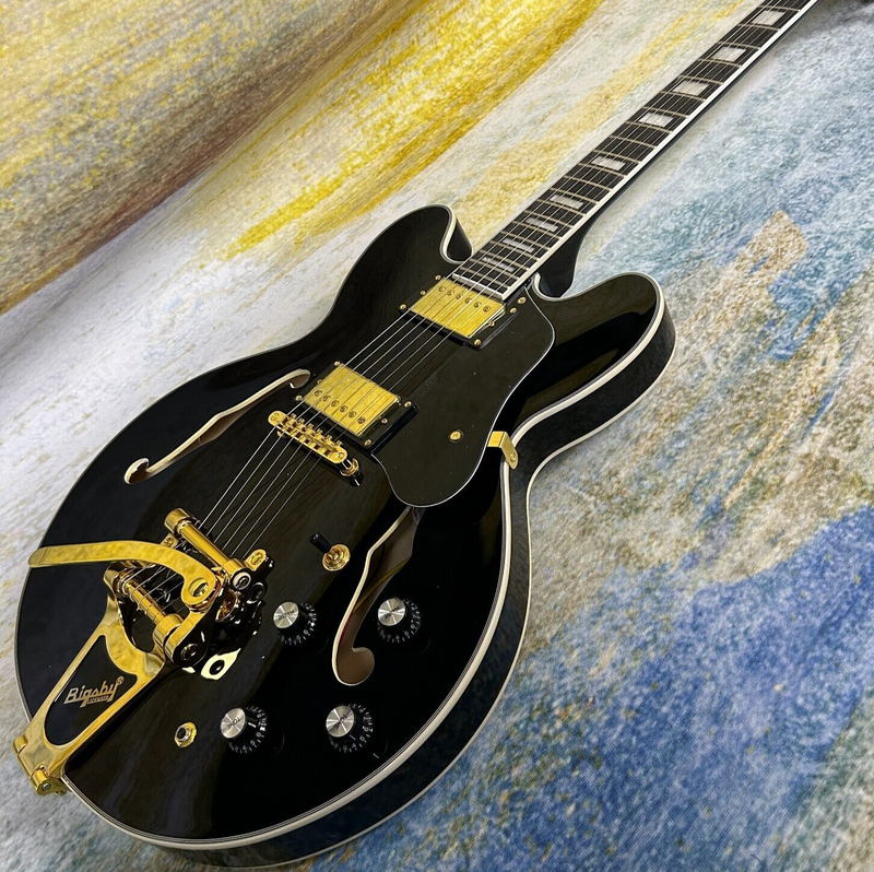 Electric Guitar Black Color Semi Hollow Body Bigsby Tremolo System Jazz