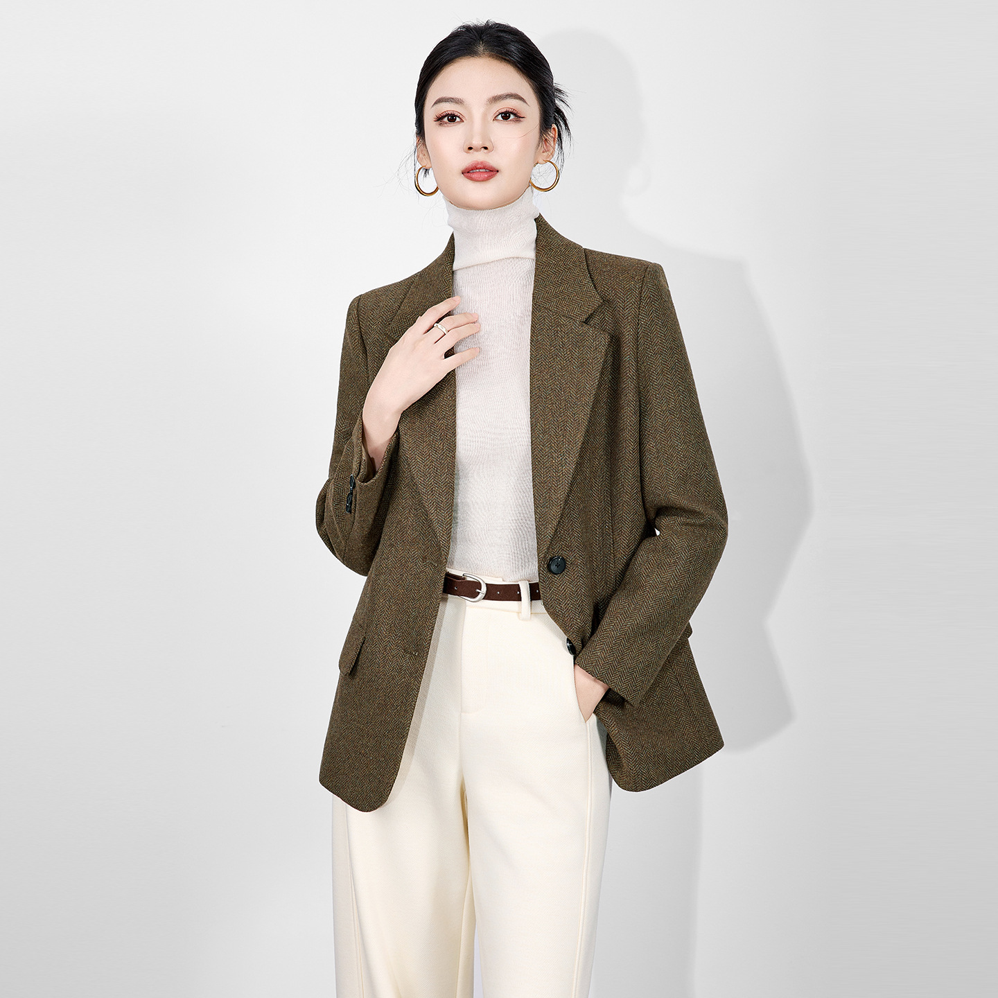 Fashion Blazers Women Winter Coats Notched Collar Long Sleeve Wool Cotton Blend Office Lady Solid Blazer Coat