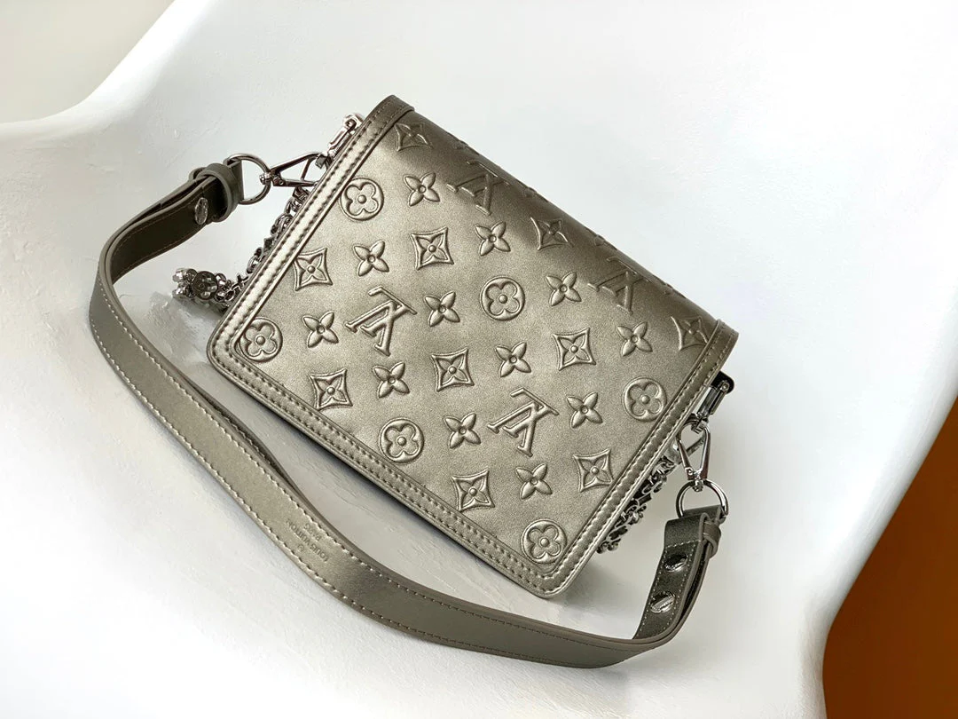 LV Dauphine Bag 20cm Metallic Sliver Monogram Embossed Cafskin