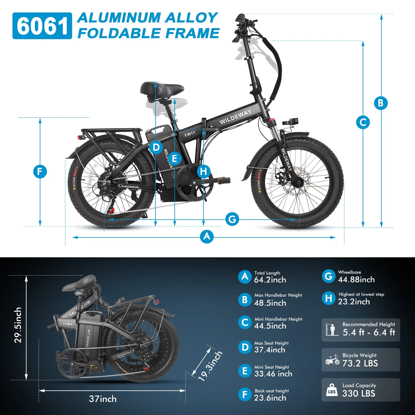 Wildeway 20in Folding Electric Bike, 750W, 48V 32Ah, Hydraulic Brakes