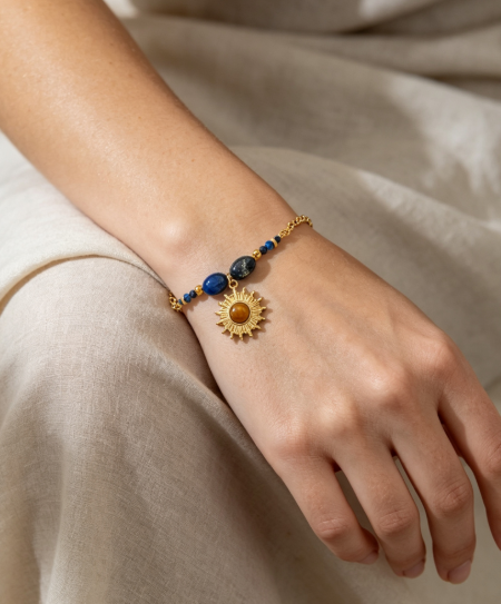 Natural Lapis Lazuli Sun Pendant Bracelet | Gold Plated Stackable Chain Bracelet