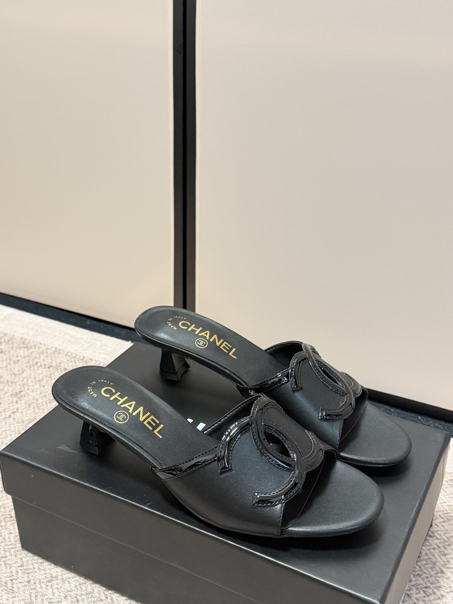 Chanel Cutout Double-C Slide Sandals - Black & Light Blue