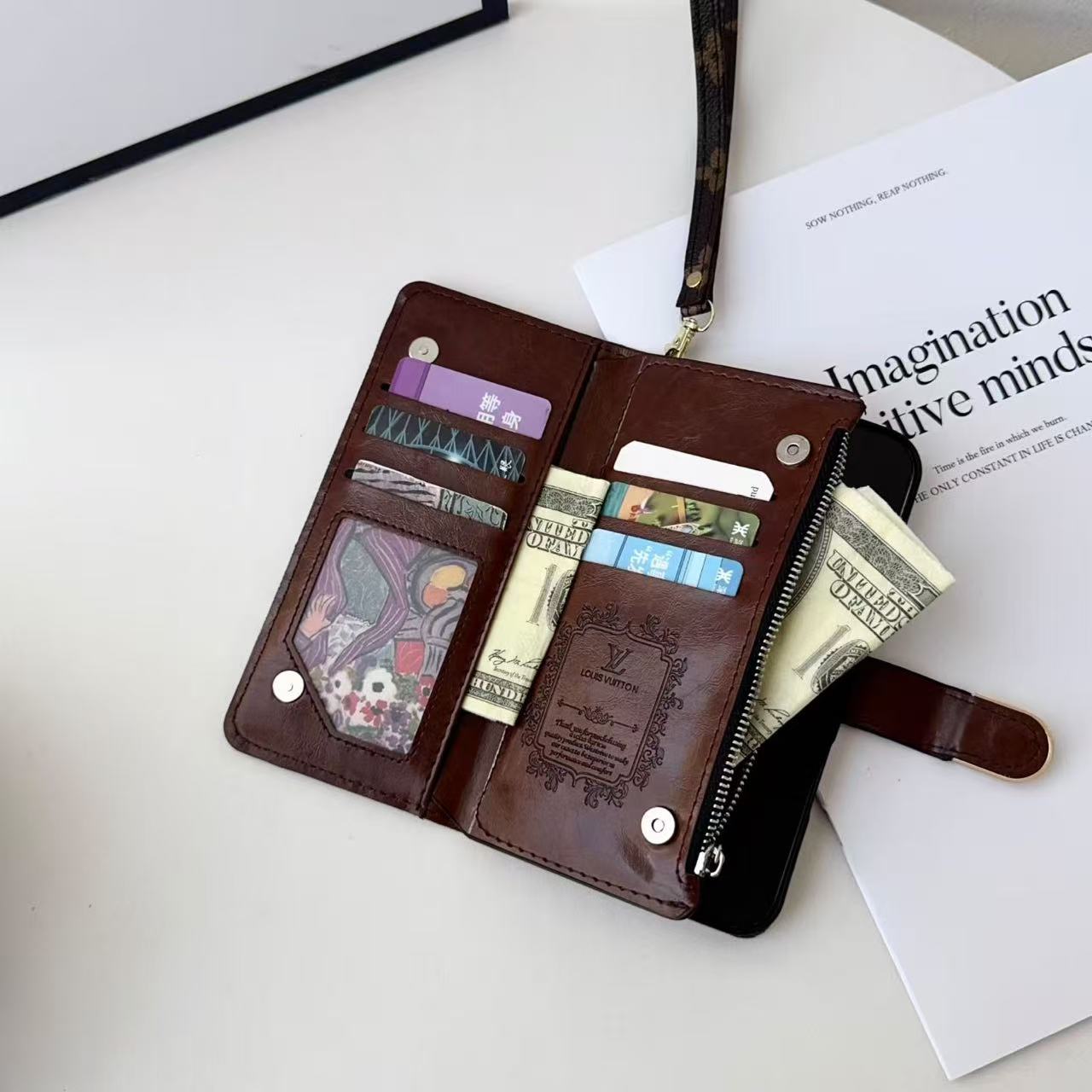 LV & GG Classic Monogram Flip Wallet Phone Case Multi Card Slots Zipper Purse With Wrist Strap