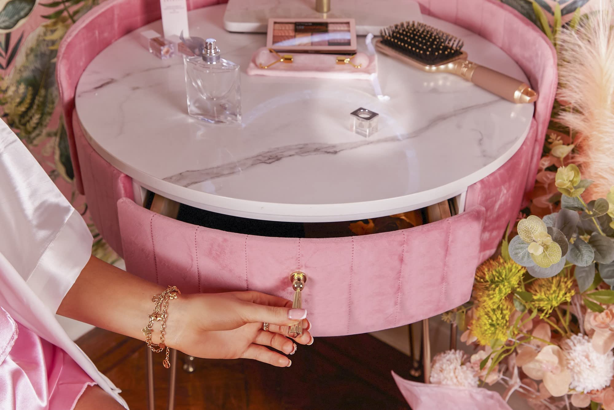 Velvet Dressing Table with LED Mirror in Pink