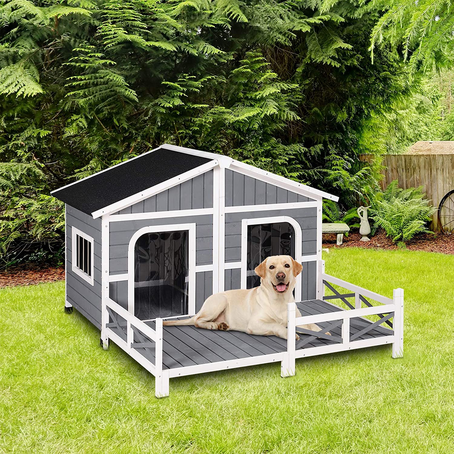 Wood Large Dog House Cabin Style Elevated Pet Shelter wPorch Deck