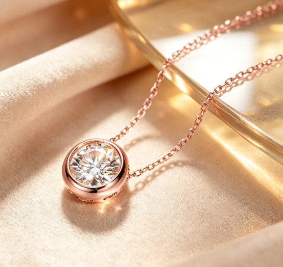 Rose Gold Round Bezel Moissanite Necklace Minimalist Solitaire Pendant Jewelry For Ladies