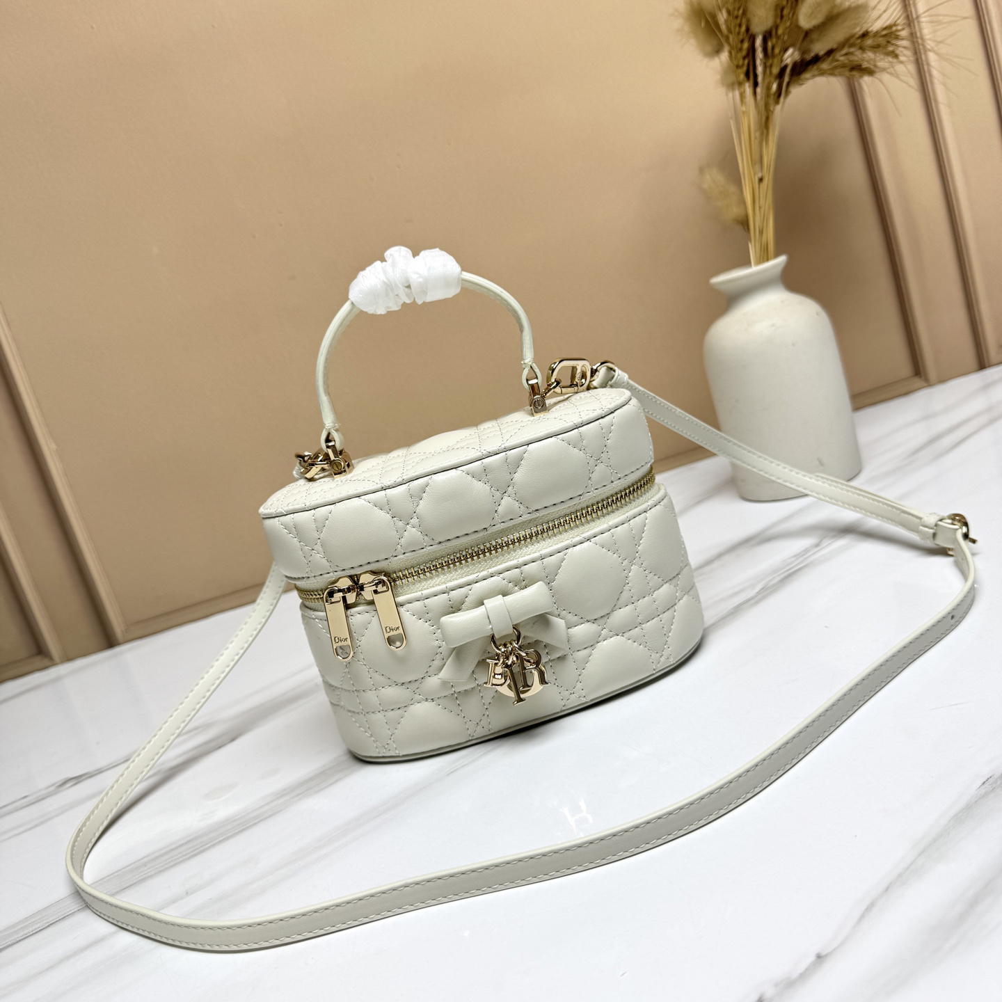 Dior Mini Vanity Case, Cannage Quilted Calfskin, Bow Detail, Gold-Tone Dior Charms