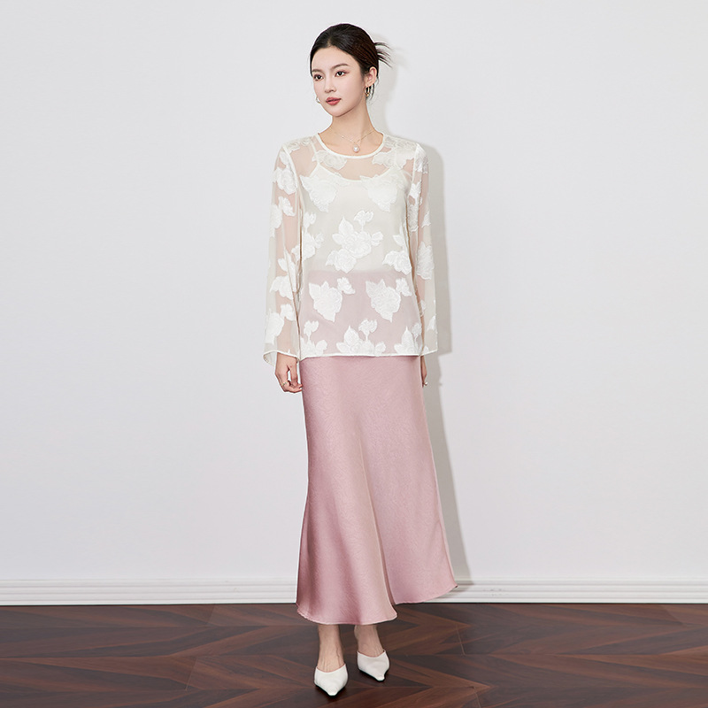 Long Sleeve round Neck T-Shirt Women's Micro Translucent Sexy Large Flower Cutout Spring Tops