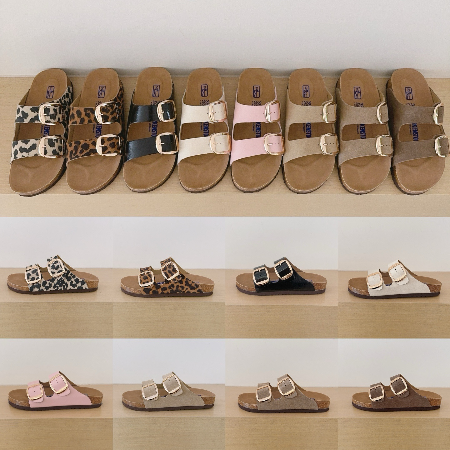 Round Gold Buckle Birken-Style Two-Strap Sandals