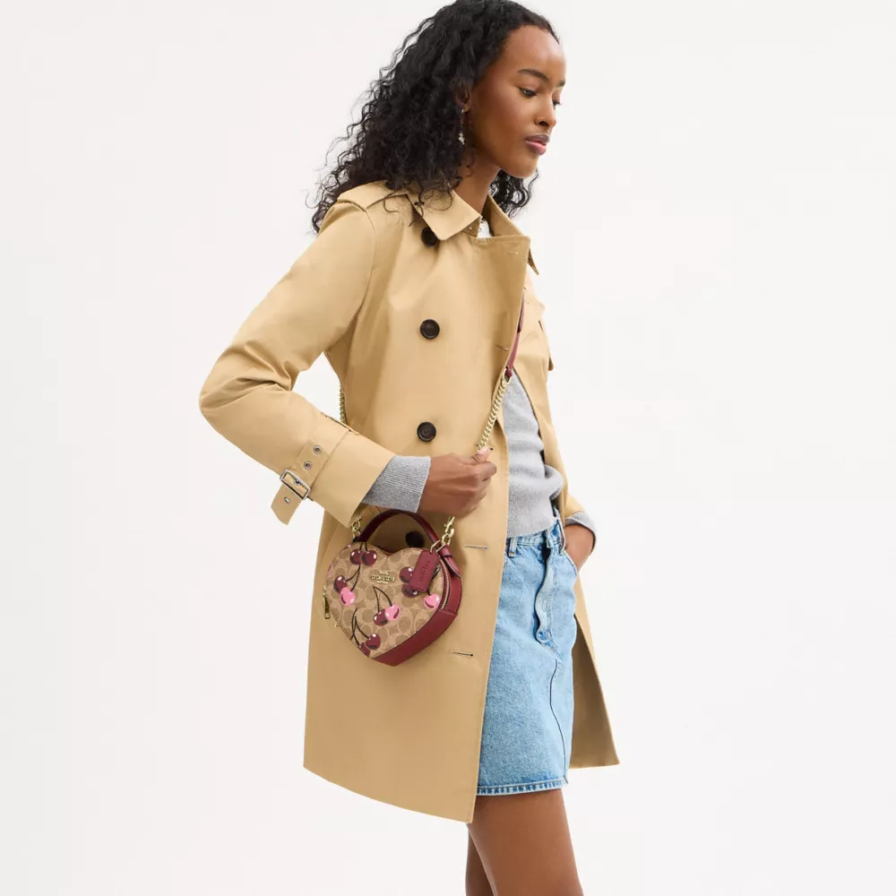 Heart Crossbody Bag In Signature Canvas With Cherry Print