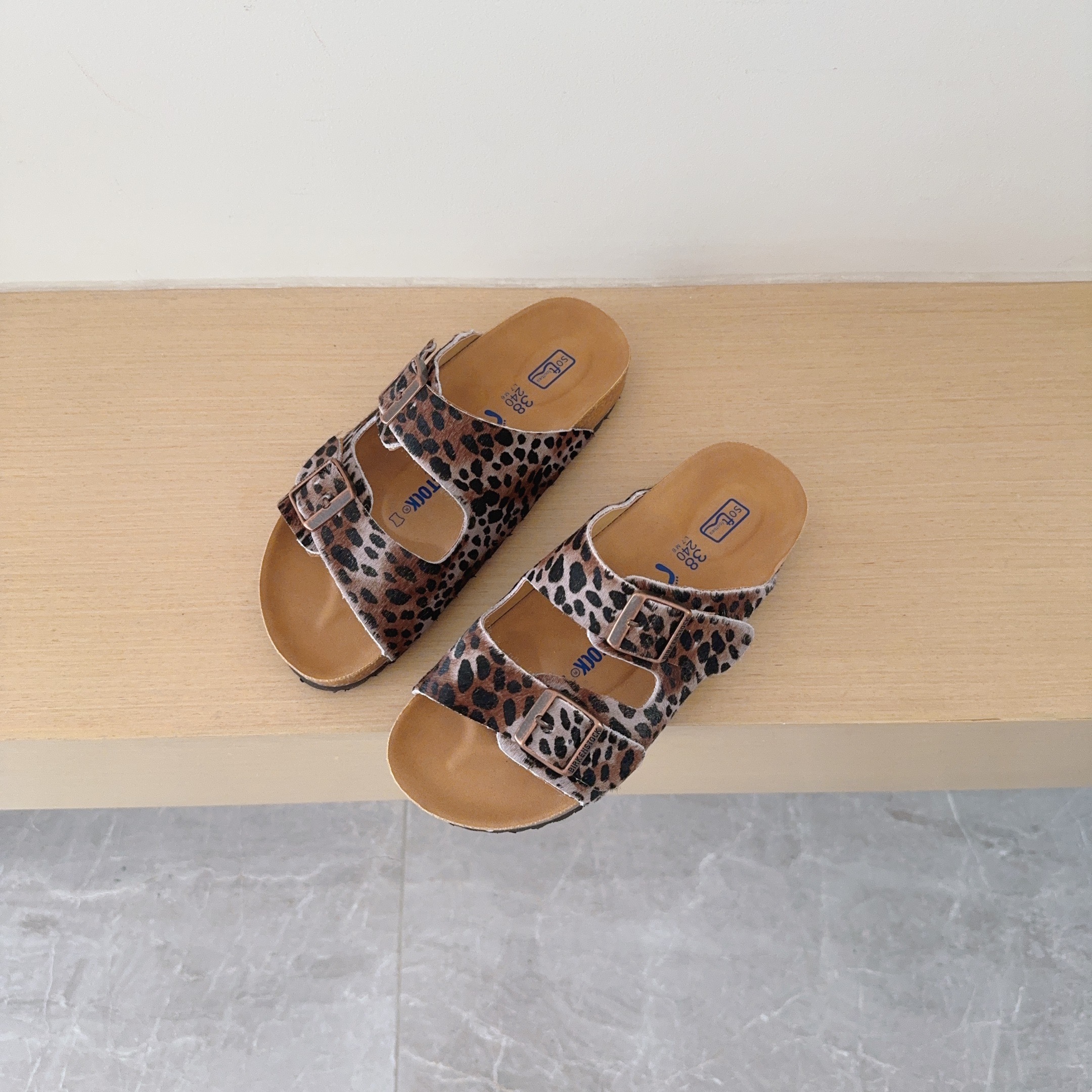 Leopard Print Birken-Style Two-Strap Sandals