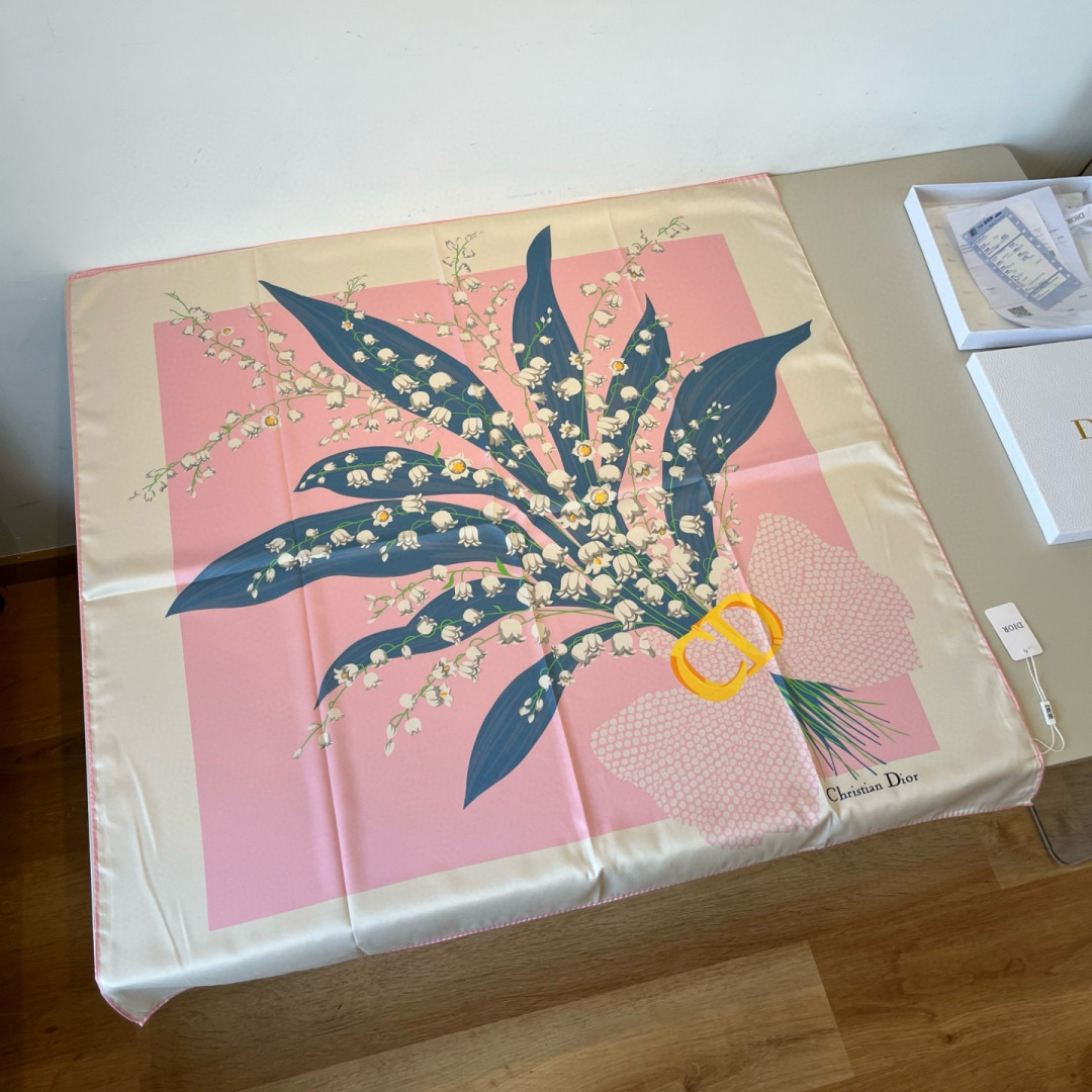 Dior Botanical Print Silk Square Scarf Pink and Navy 90 x 90 cm product images
