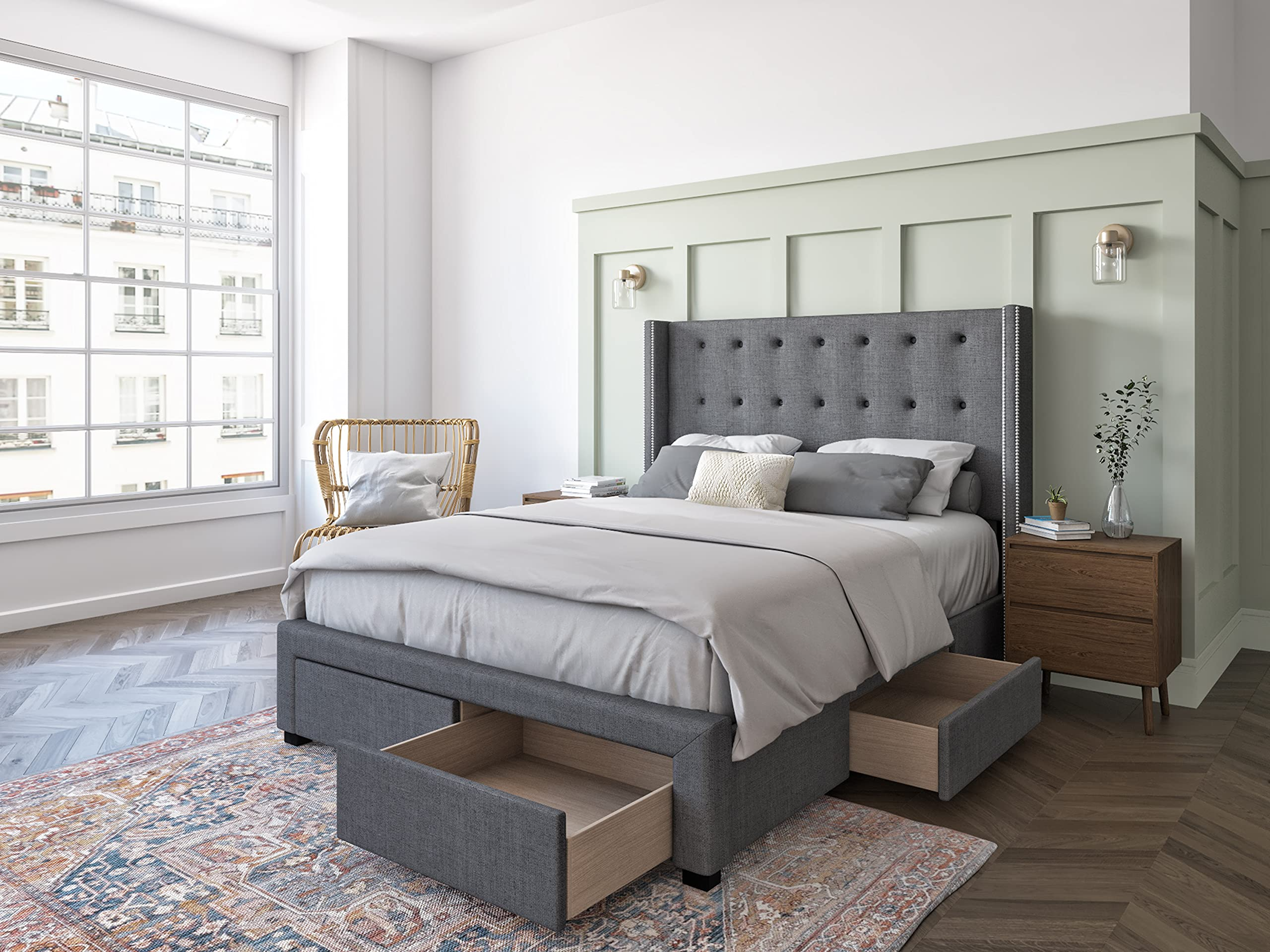 Savoy Tufted Upholstered Wingback Panel Storage Bed Frame