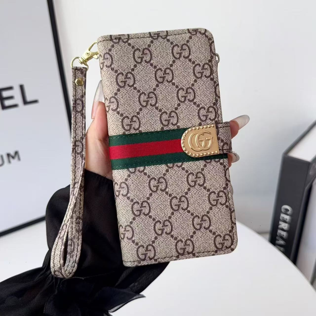 LV & GG Classic Monogram Flip Wallet Phone Case Multi Card Slots Zipper Purse With Wrist Strap