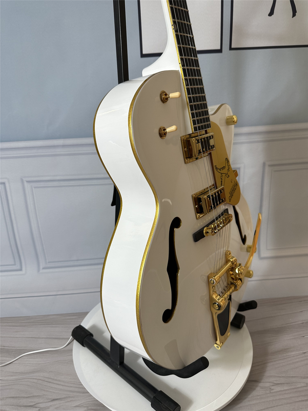 White 6 String Electric Guitar Hollow Body HH Pickup Gold Hardware