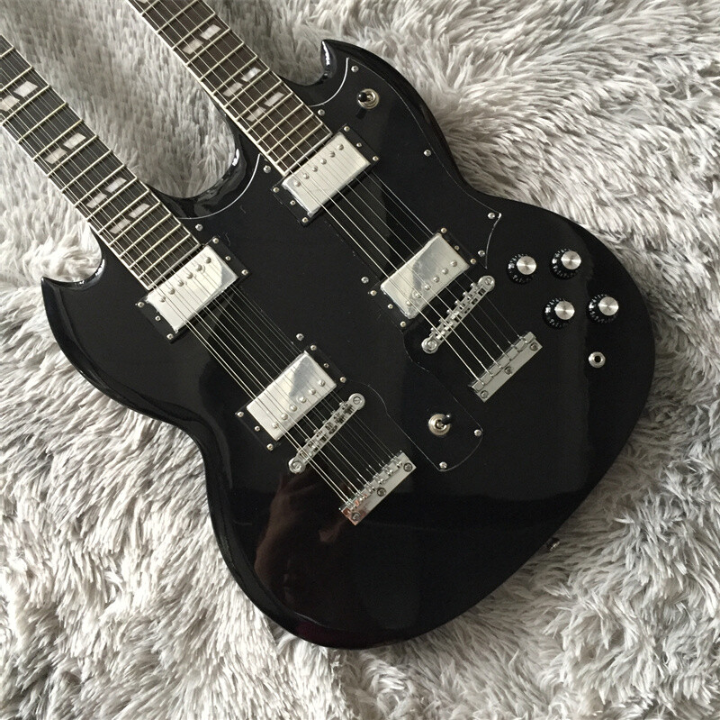 New Black Double Neck 12+6 Strings Electric Guitar 4H Pickups Rosewood Fretboard