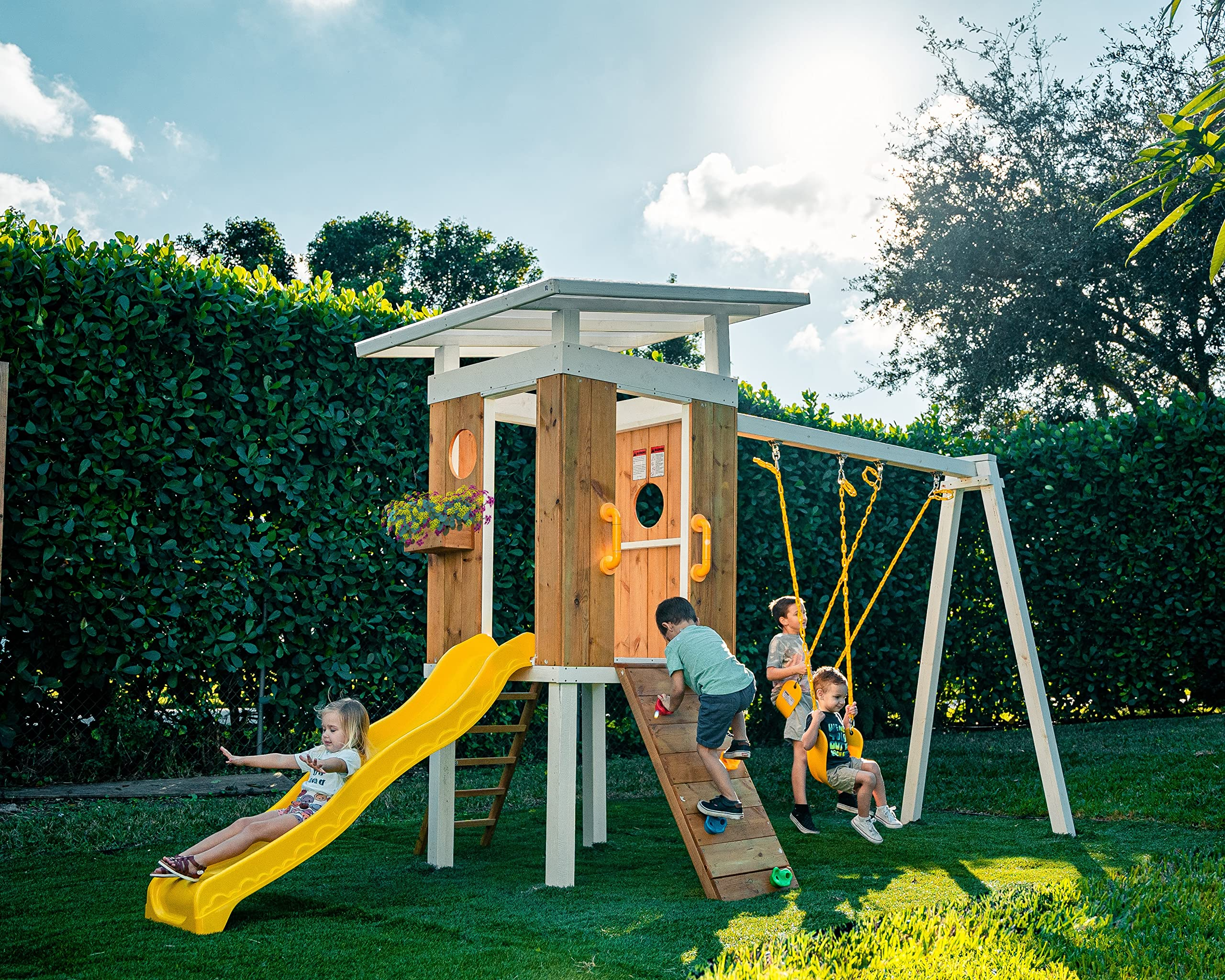Modern Backyard Swing Set Children's Rock Climbing Wood
