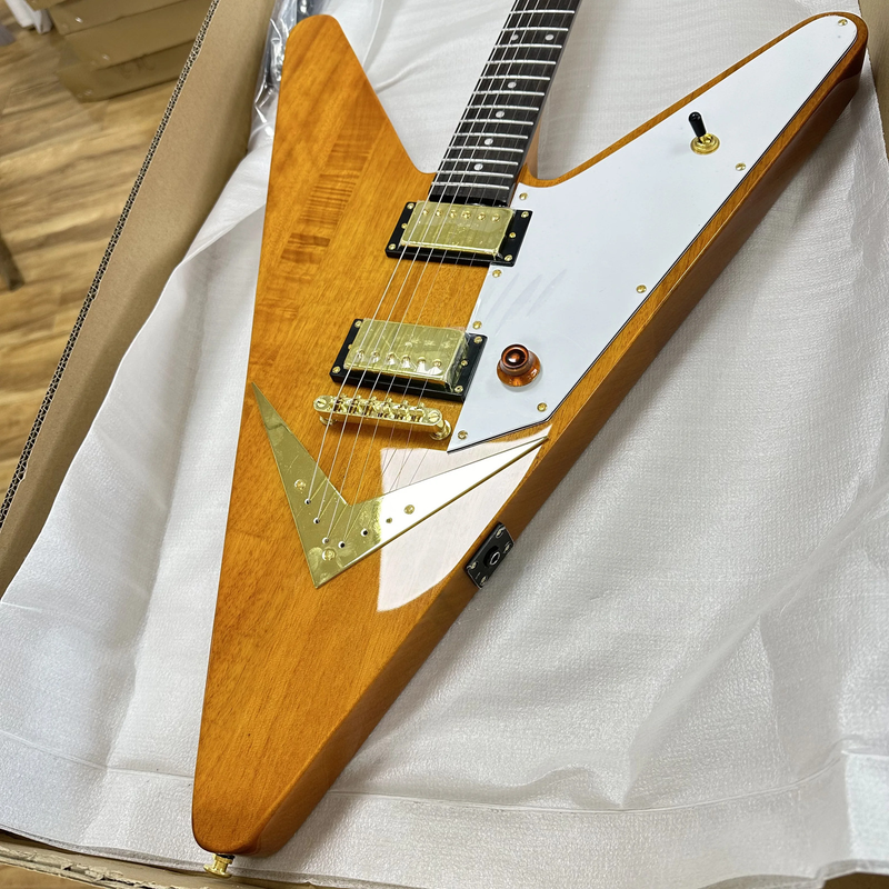 Yellow Reverse Electric Guitar Flying V HH Pickups 6 strings Guitar