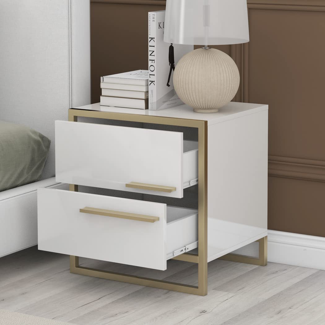 Nightstand with 2 Storage Drawers, Bedside Table with Gold Legs